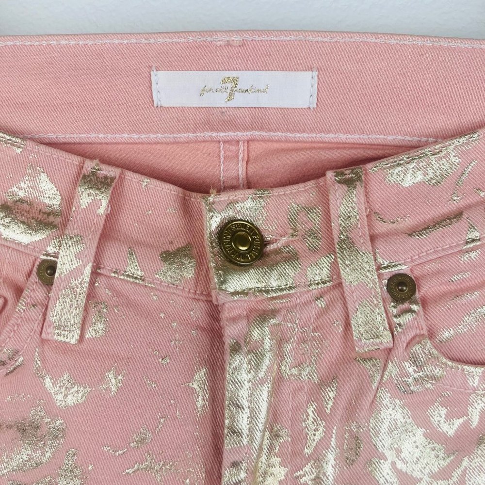 Jeans 7For All Mankind Pink Gold Leopard Print Jeans Low Rise 24 Waist SkinnyLeg - Picture 4 of 8